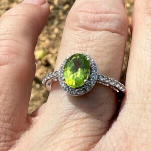 Natural Green Peridot Created Sapphire Halo Ring 925 Sterling Silver Size 6.75